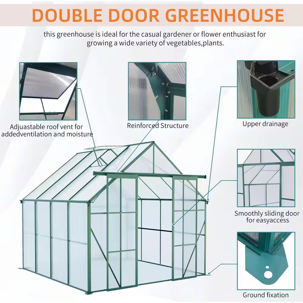 8 Ft. D X 8 Ft. W Polycarbonate Outdoor Walk-In Greenhouse in Green, with Double Door Anchor Aluminum Heavy Duty Frame