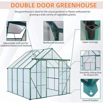 8 Ft. D X 8 Ft. W Polycarbonate Outdoor Walk-In Greenhouse in Green, with Double Door Anchor Aluminum Heavy Duty Frame