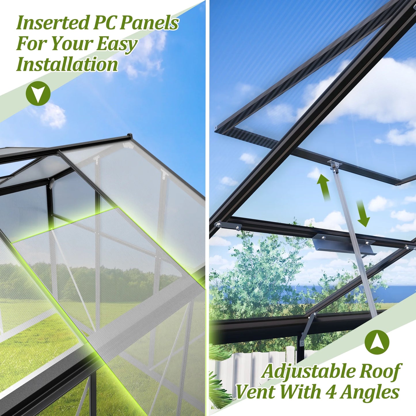 12'X8' Outdoor Greenhouse, Walk-In Polycarbonate Green House with Aluminum Frame for Backyard, Black