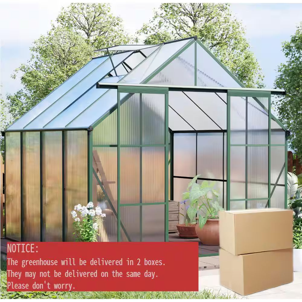 8 Ft. D X 8 Ft. W Polycarbonate Outdoor Walk-In Greenhouse in Green, with Double Door Anchor Aluminum Heavy Duty Frame