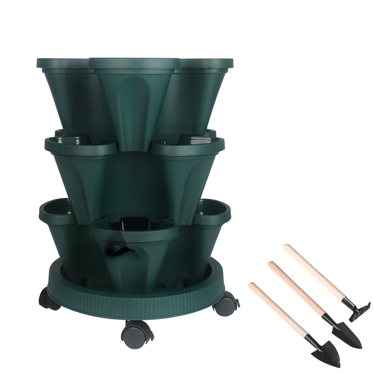3 Tier Stackable Vertical Planter Tower, Outdoor Raised Garden Bed Alternative with Drainage Holes Growing System for Strawberries and Herbs, Green