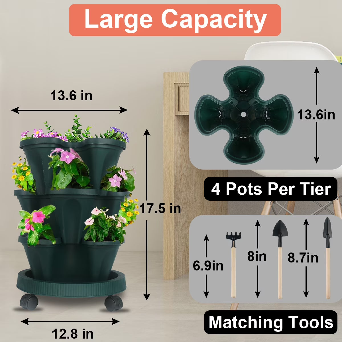 3 Tier Stackable Vertical Planter Tower, Outdoor Raised Garden Bed Alternative with Drainage Holes Growing System for Strawberries and Herbs, Green