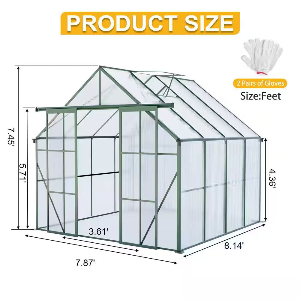 8 Ft. D X 8 Ft. W Polycarbonate Outdoor Walk-In Greenhouse in Green, with Double Door Anchor Aluminum Heavy Duty Frame