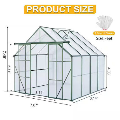 8 Ft. D X 8 Ft. W Polycarbonate Outdoor Walk-In Greenhouse in Green, with Double Door Anchor Aluminum Heavy Duty Frame