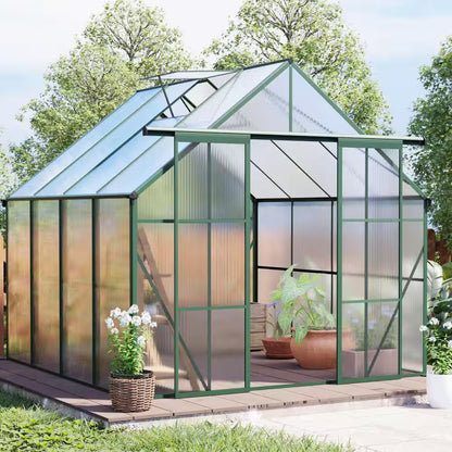 8 Ft. D X 8 Ft. W Polycarbonate Outdoor Walk-In Greenhouse in Green, with Double Door Anchor Aluminum Heavy Duty Frame