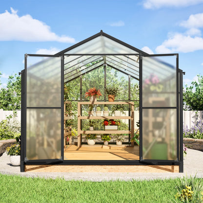12'X8' Outdoor Greenhouse, Walk-In Polycarbonate Green House with Aluminum Frame for Backyard, Black