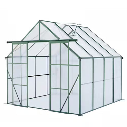 8 Ft. D X 8 Ft. W Polycarbonate Outdoor Walk-In Greenhouse in Green, with Double Door Anchor Aluminum Heavy Duty Frame