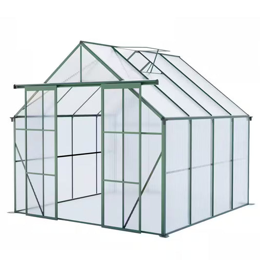 8 Ft. D X 8 Ft. W Polycarbonate Outdoor Walk-In Greenhouse in Green, with Double Door Anchor Aluminum Heavy Duty Frame