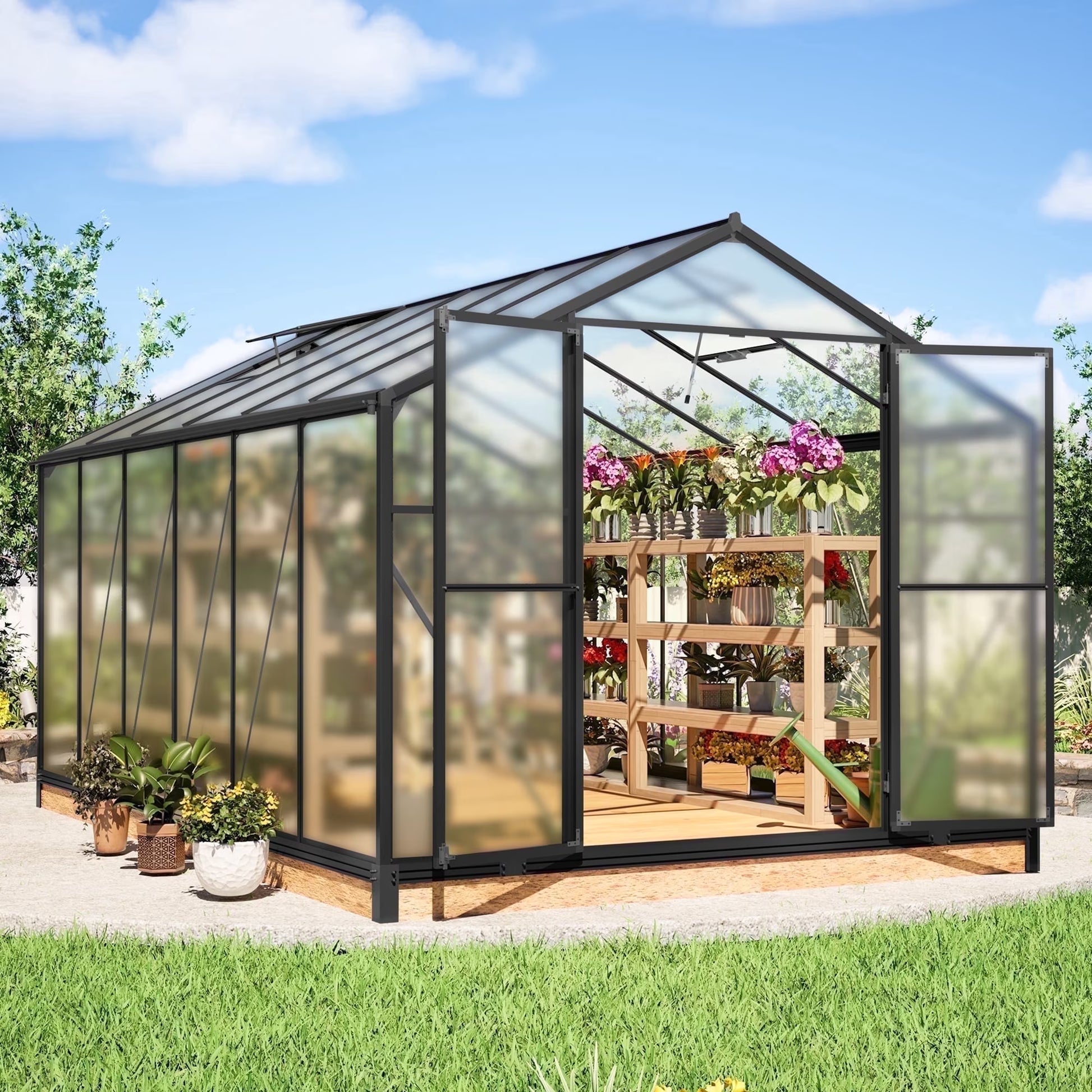 12'X8' Outdoor Greenhouse, Walk-In Polycarbonate Green House with Aluminum Frame for Backyard, Black