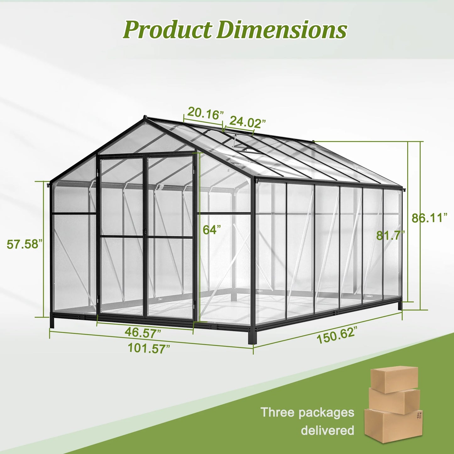 12'X8' Outdoor Greenhouse, Walk-In Polycarbonate Green House with Aluminum Frame for Backyard, Black