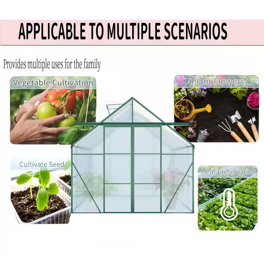 8 Ft. D X 8 Ft. W Polycarbonate Outdoor Walk-In Greenhouse in Green, with Double Door Anchor Aluminum Heavy Duty Frame