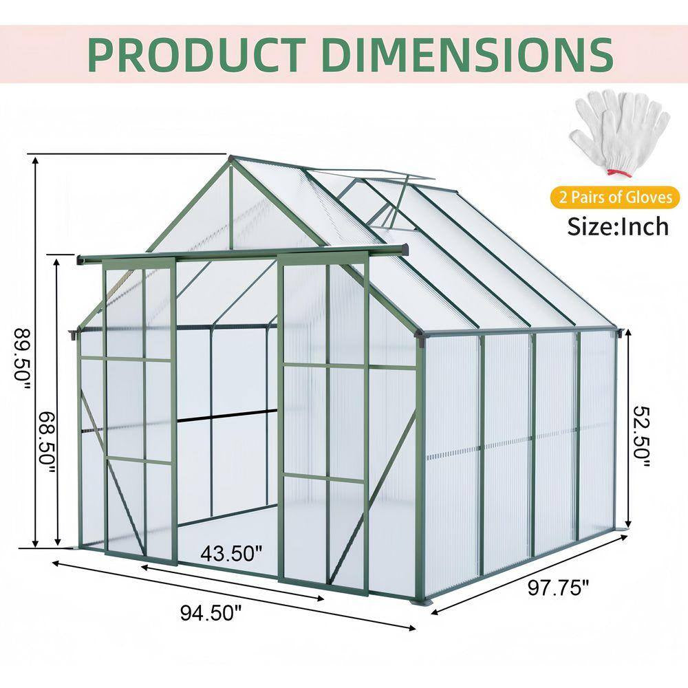 8 Ft. D X 8 Ft. W Polycarbonate Outdoor Walk-In Greenhouse in Green, with Double Door Anchor Aluminum Heavy Duty Frame