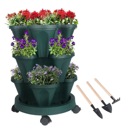 3 Tier Stackable Vertical Planter Tower, Outdoor Raised Garden Bed Alternative with Drainage Holes Growing System for Strawberries and Herbs, Green