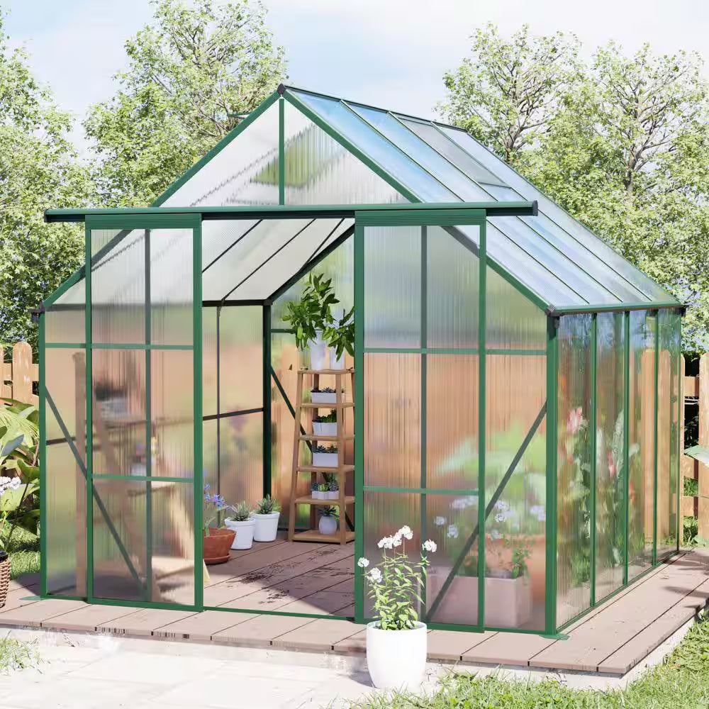 8 Ft. D X 8 Ft. W Polycarbonate Outdoor Walk-In Greenhouse in Green, with Double Door Anchor Aluminum Heavy Duty Frame