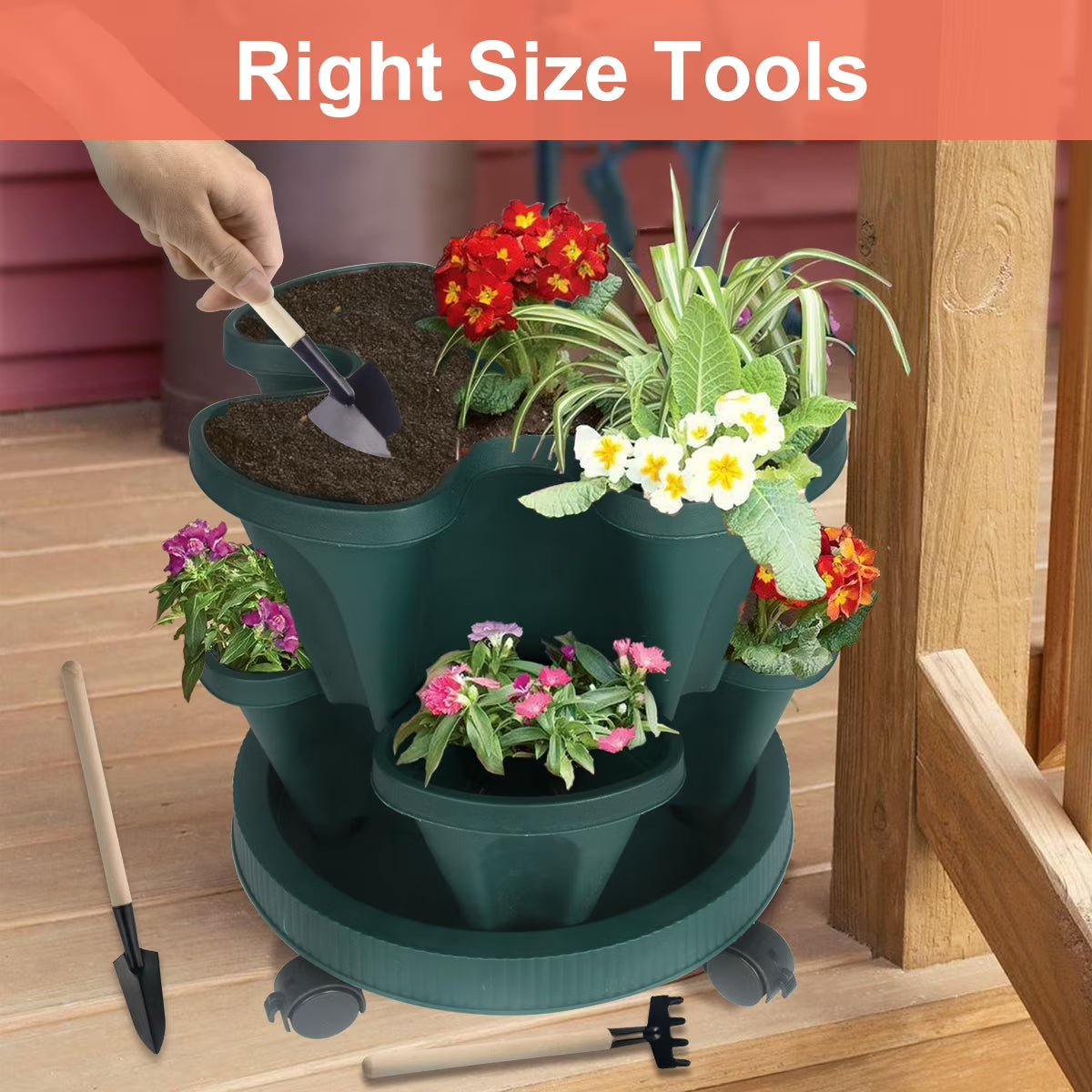 3 Tier Stackable Vertical Planter Tower, Outdoor Raised Garden Bed Alternative with Drainage Holes Growing System for Strawberries and Herbs, Green