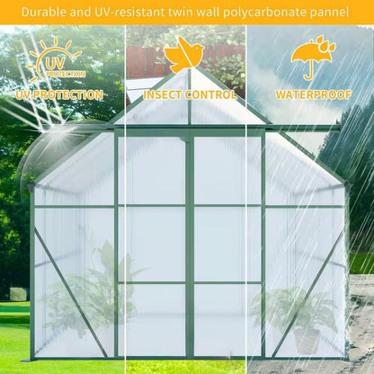 8 Ft. D X 8 Ft. W Polycarbonate Outdoor Walk-In Greenhouse in Green, with Double Door Anchor Aluminum Heavy Duty Frame