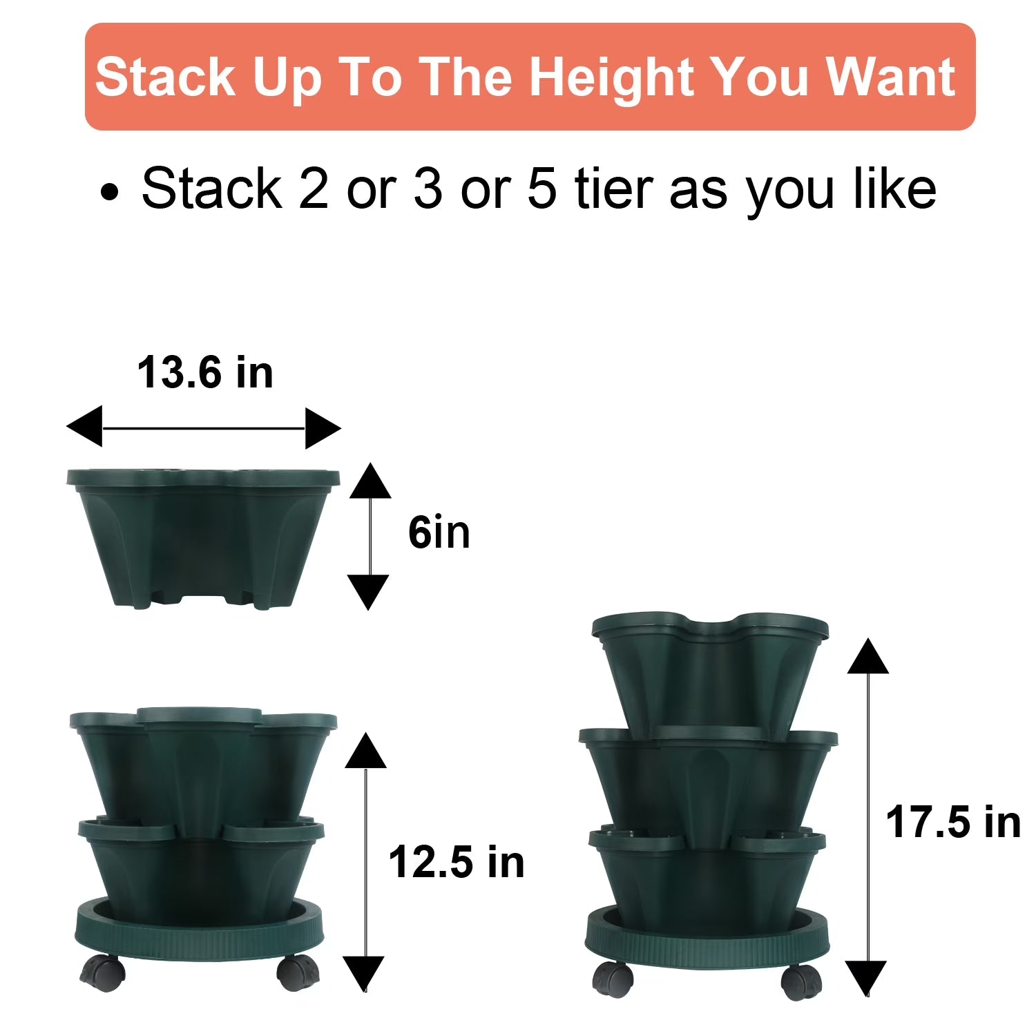 3 Tier Stackable Vertical Planter Tower, Outdoor Raised Garden Bed Alternative with Drainage Holes Growing System for Strawberries and Herbs, Green